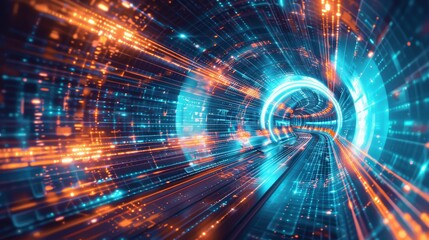 Obraz premium Cybernetic tunnel with dynamic lighting - An immersive image capturing the essence of a tunnel made of lights and digital elements, evoking speed and connection