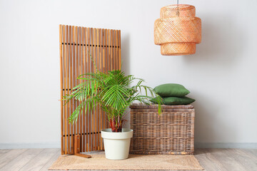 Interior of room with wooden folding screen, wicker box and houseplant near white wall
