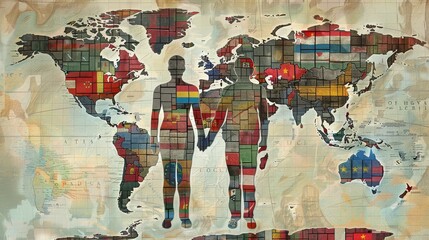 Vintage style world map with patterned human figures - Artistic representation of a world map with patterned human figures standing over various countries