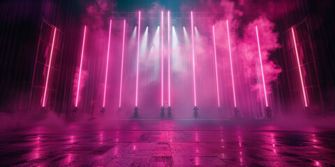 empty stage with pink and white lights,Modern high-tech concert stage illuminated by vibrant pink and purple lights with beams creating dynamic and energetic atmosphere in a sleek, futuristic setting