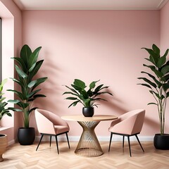  Peach fuzz 2024 trend color of the year in the luxury dining lounge room. Painted mockup wall for art terracotta color. Mockup modern room design interior home. Accent trend details chair. 3d render