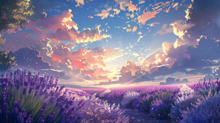 A beautiful sky with clouds, a field of lavender and other flowers in the foreground, in the style of anime, digital art