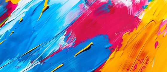 Vivid abstract background with dynamic brush strokes in vibrant blues, reds, and yellows, creating a lively, energetic feel, top down angle, sharp focus