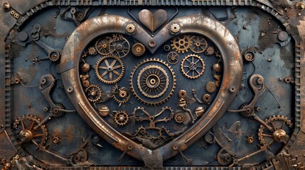 Steampunk-inspired heart with gears and cogs - Intricate heart-shaped artwork made from mechanical gears and cogs, reflecting a steampunk aesthetic and romantic symbolism