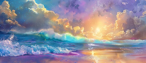 A fantastical beach scene with sand in shades of blue and purple