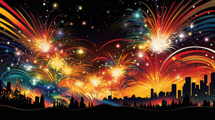 Vibrant New Year Eve Fireworks Over City Skyline