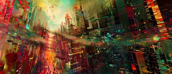 A surreal cityscape with buildings made of translucent
