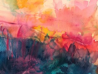 Nature inspired abstract watercolor landscape, vibrant hues, close up macro shot of textures, rich colors, soft lighting