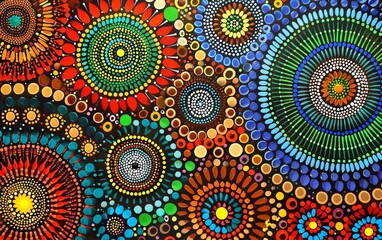 Australian Aboriginal dot painting, intricate patterns and vibrant colors, top down view, detailed dots, natural lighting