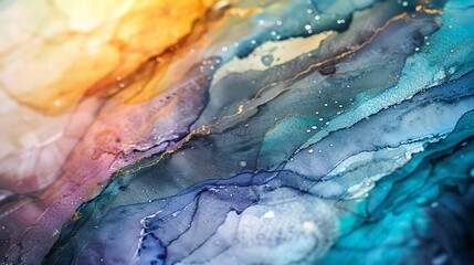 Naklejka premium Macro photography of abstract watercolor landscape, nature inspired, rich textures, vibrant colors, soft and bright lighting