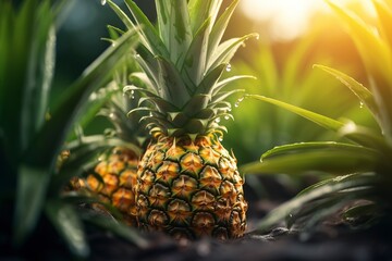 Obraz premium Sliced and half of Pineapple(Ananas comosus) on wooden table with blurred garden background.Sweet, and juicy taste Have a lot of fiber,vitamins C and minerals or healthcare concept , generative ai