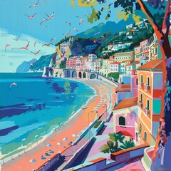 Bright colorful painting of a beautiful Mediterranean coastal summer with sun and wind that feels pleasant and familiar