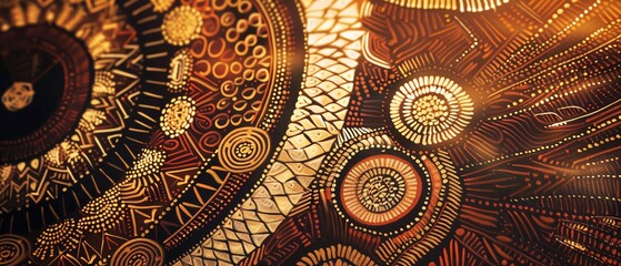 Traditional Australian Aboriginal dot painting, depicting cultural symbols, high detail, top down angle, soft light