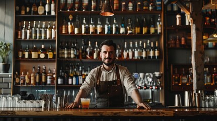 Man bartender working in restaurant.