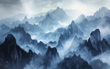 Majestic Chinese mountain landscape, misty peaks, delicate grays and blues, serene atmosphere, wide angle, diffused light