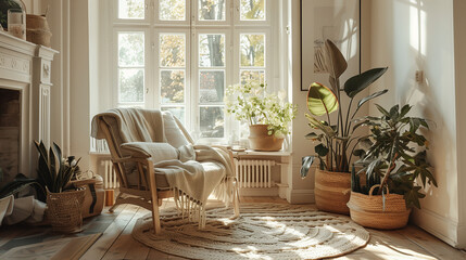 A Scandinavian-inspired living room with light wood furniture, hygge blankets, and minimalist decor.