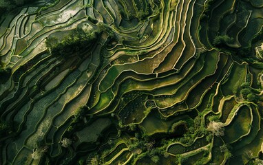 Fototapeta premium Traditional Chinese landscape with rice terraces, varying greens, intricate patterns, top down view, afternoon light