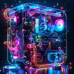 Fototapeta premium case pc, gaming, mainboard, custom water, cyperpunk