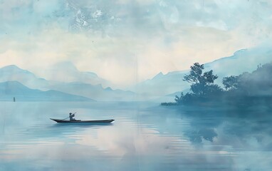 Peaceful Chinese scene with a fisherman on a boat, calm waters, muted blues, horizontal composition, early morning light