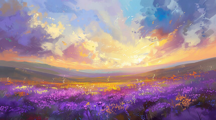 A beautiful sky with clouds, a field of lavender and wildflowers in the foreground, in the style of anime, oil painting, pastel colors of purple, yellow and blue