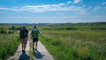 Obraz premium Hikers Strolling Down a Paved Path Through Vast Green Fields, Sunny Day - AI generated digital art