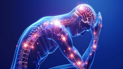 pain in the body, person holding their head with one hand and other arm on shoulder while sitting down. blue background with brain showing red sparkles.
