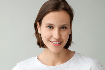 Beautiful young happy woman with acne problem on grey background