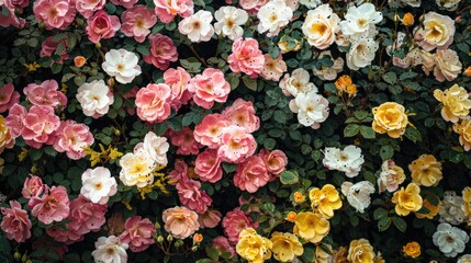 Hedge of Rosa canina displaying flowers in shades of pink white and yellow