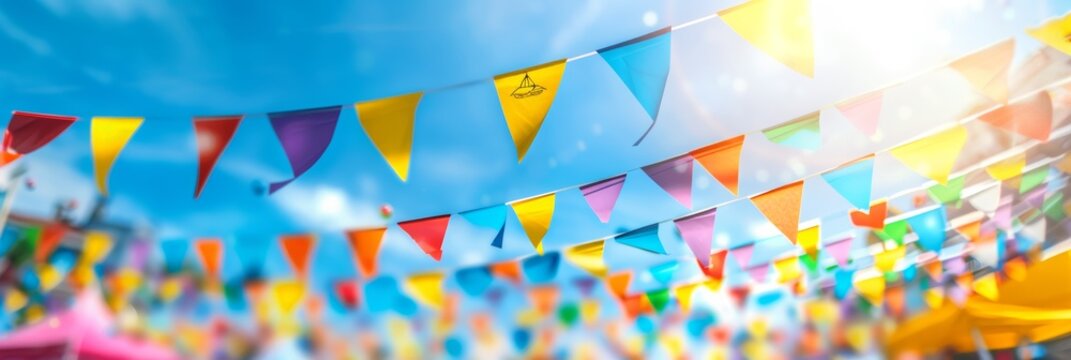 Vibrant outdoor festival scene with colorful triangular pennant flags strung across the frame under a clear blue sky, evoking a festive and joyous atmosphere
