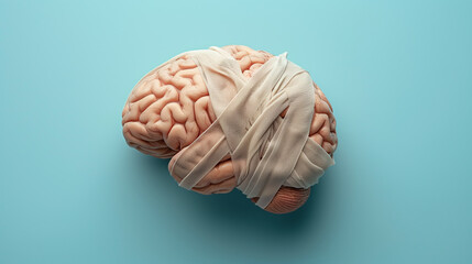 Profile view of human brain wrapped in bandages on blue background.