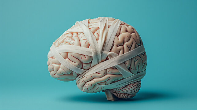 Human brain wrapped in bandages on light blue background. Concept for head trauma and injuries.