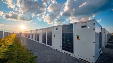 Solar power containers in a field during sunset - Rows of solar energy storage containers in a green field with sunset in the background, showcasing renewable energy