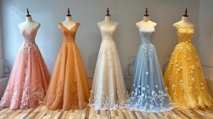 A beautiful display of five intricately designed gowns in various pastel shades showcased on mannequins in a fashion boutique setup with a wooden floor