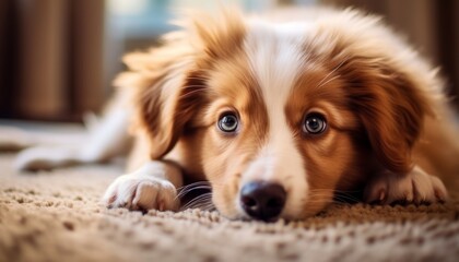Fototapeta premium A cute brown and white puppy with blue eyes lies on a carpet, looking at the camera with an adorable expression.