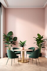  Peach fuzz 2024 trend color of the year in the luxury dining lounge room. Painted mockup wall for art terracotta color. Mockup modern room design interior home. Accent trend details chair. 3d render