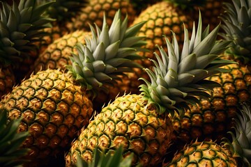 Sliced and half of Pineapple(Ananas comosus) on wooden table with blurred garden background.Sweet, and juicy taste Have a lot of fiber,vitamins C and minerals  or healthcare concept , generative ai