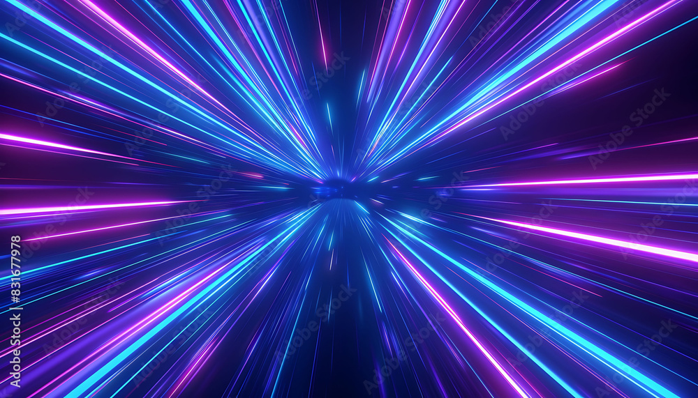 Poster photo realistic image of neon blue and purple light streaks creating a hyper-speed warp effect, radi