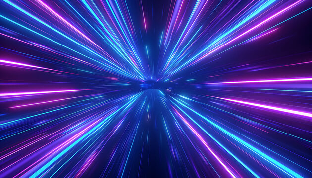 Photo realistic image of neon blue and purple light streaks creating a hyper-speed warp effect, radiating from the center in space