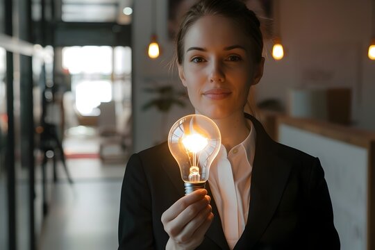 Businesswoman Holding Glowing Light Bulb Symbol of Innovation and Entrepreneurial Spirit