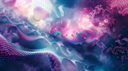 Vibrant abstract digital artwork featuring swirling, organic patterns in vivid blues, purples, and pinks, evoking a surreal dreamscape atmosphere.