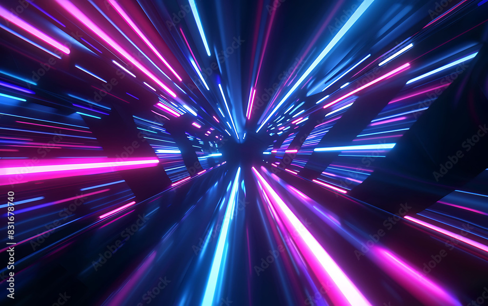 Aufkleber photo realistic image of blue and purple neon light lines racing through a dark background, simulati