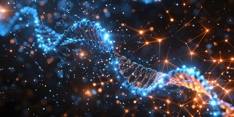 Obraz premium Innovative Genetic Research, DNA Structure Analysis, Molecular structure of DNA Lowpoly wireframe style Banner concept for biotech science medicine 