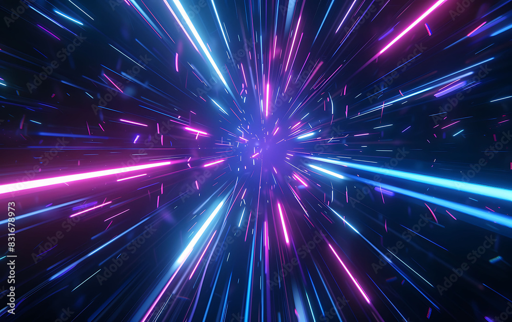 Aufkleber photo realistic image of blue and purple neon light lines racing through a dark background, simulati