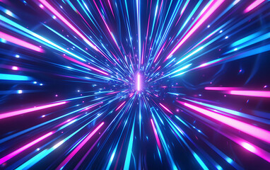 Obraz premium Photo realistic image of blue and purple neon light lines racing through a dark background, simulating a hyper-speed warp effect in space