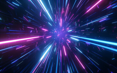Fototapeta premium Photo realistic image of blue and purple neon light lines racing through a dark background, simulating a hyper-speed warp effect in space