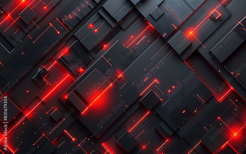 Poster futuristic abstract background with dark geometric shapes and bright red glowing lines, showcasing m