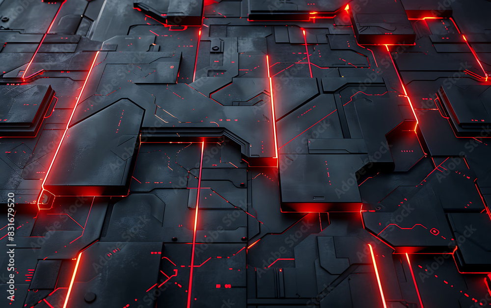 Poster futuristic abstract background with dark geometric shapes and bright red glowing lines, showcasing m