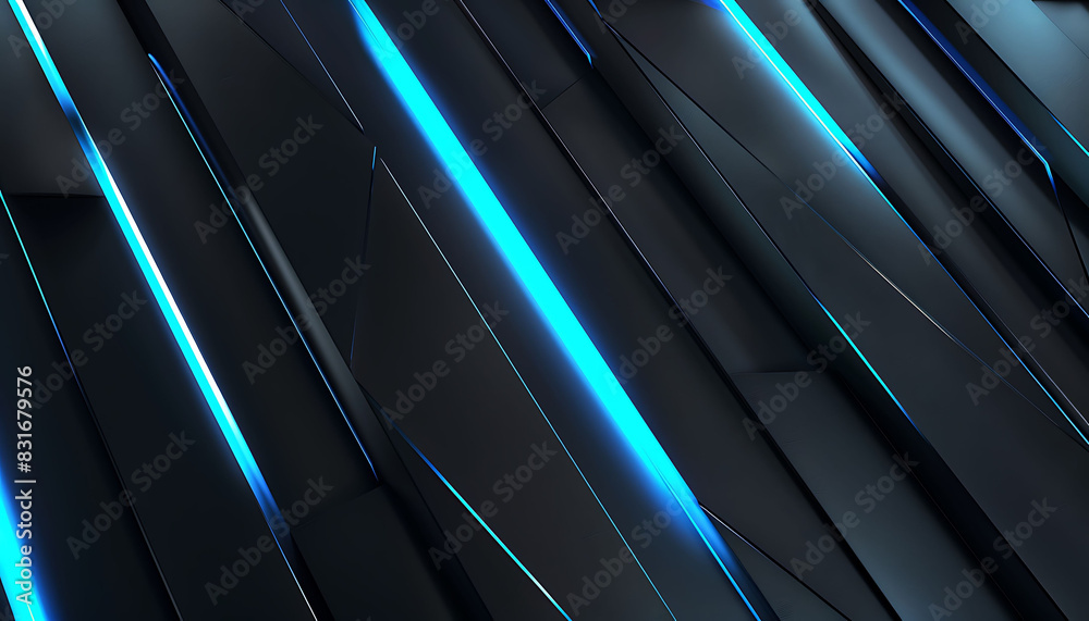 Poster abstract background with dark tones and vibrant blue glowing lines, emphasizing sharp contrasts and 