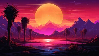 A surreal landscape with a large orange sun, purple mountains, and palm trees reflecting in a still lake.