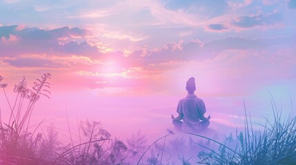 A serene person meditating against a vibrant sunrise or sunset sky, surrounded by tranquil nature and soft hues.